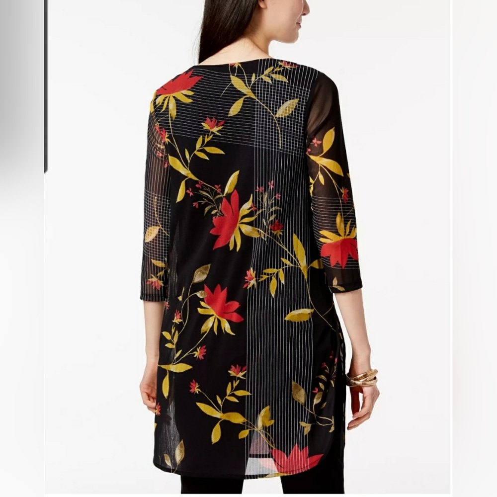 Alfani Black/Red Abstract Floral Print 3/4 Sleeved Tunic Top Size 3X EUC - Picture 2 of 12